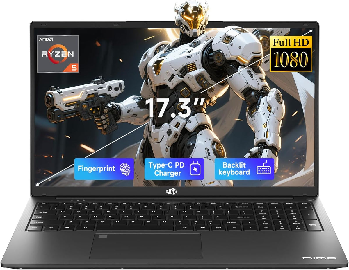 NIMO 17.3' IPS FHD-Gaming-Laptop, AMD Ryzen 5 6600H 16GB DDR5 RAM 1TB SSD (Beat i7-1165G7 Up to 4.5GHz) Radeon 660M GPU-Computer with 100W Type-C Backlit Keyboard Fingerprint
