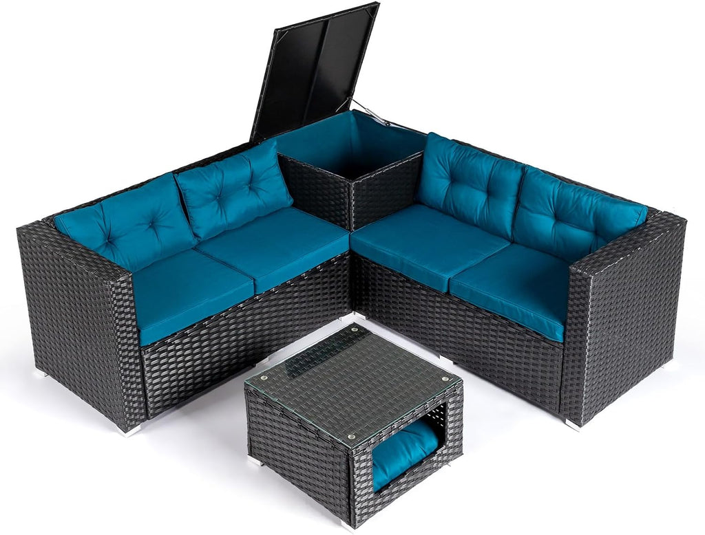 VINGLI 4 Pieces Outdoor Sectional Wicker Patio Furniture with Storage, Patio Sectional Sofa Outdoor Couch Conversation Set, Glass Top Coffee Table for Backyard, Pool, Garden(Black)