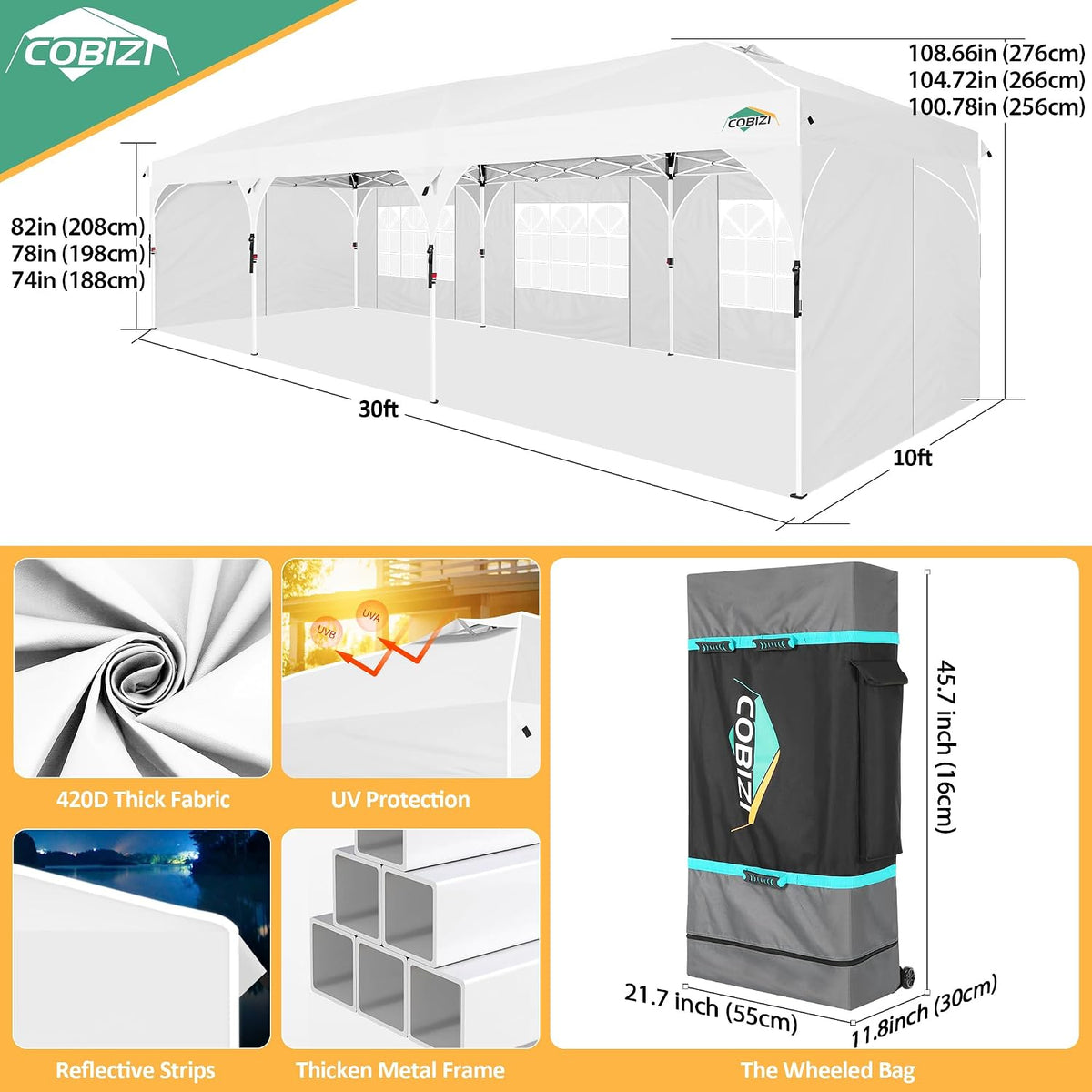 COBIZI 10x30 Pop Up Canopy Tent with Patented Center-Lock, Easy Setup Party Tent with 5 Removable Sidewalls, Wheeled Bag, Ventilated Top, for Wedding Backyard Event, White