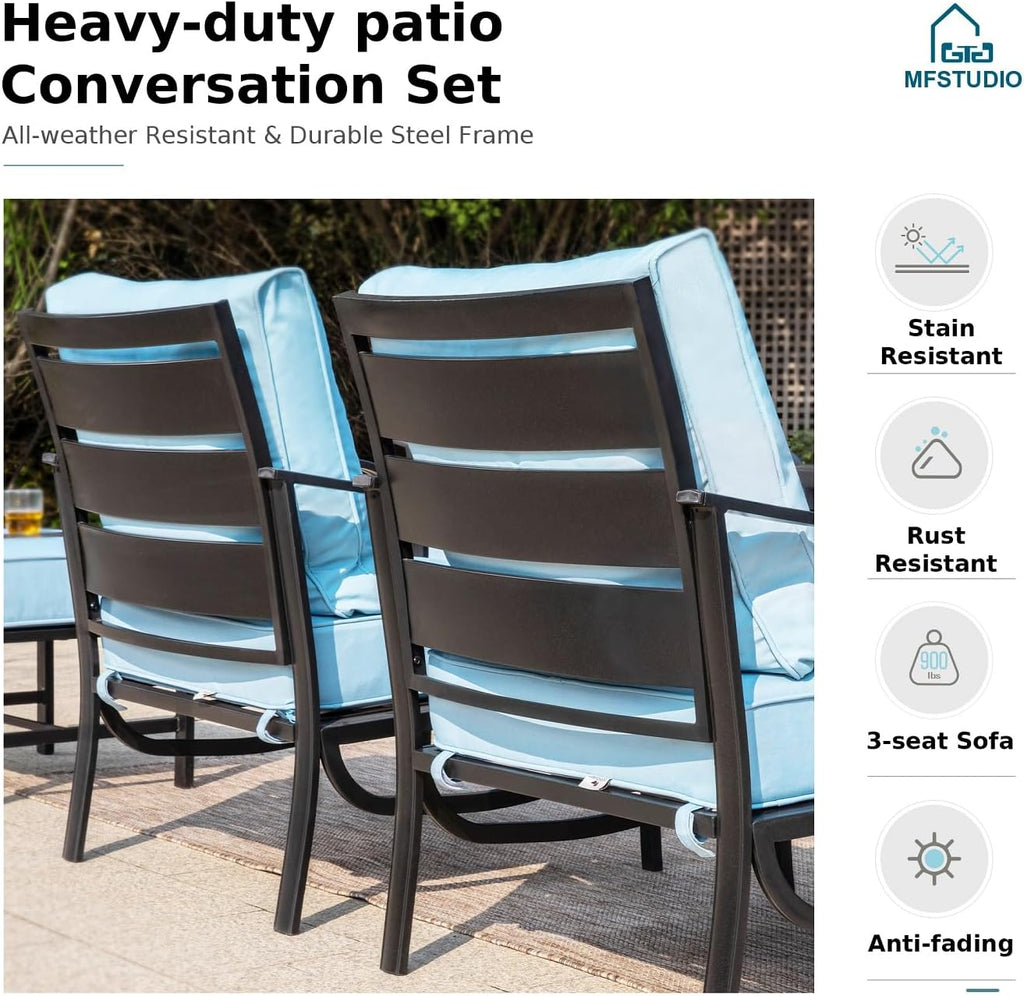 MFSTUDIO 8 Pieces Patio Furniture Sets with 45' Gas Fire Pit Table(Up to 9 Seat),Outdoor Metal Conversation Sofas with 1 x 3-Seat Sofa, 2 Single Chairs,2 Rocking Chairs and 2 Ottoman,Blue Cushion