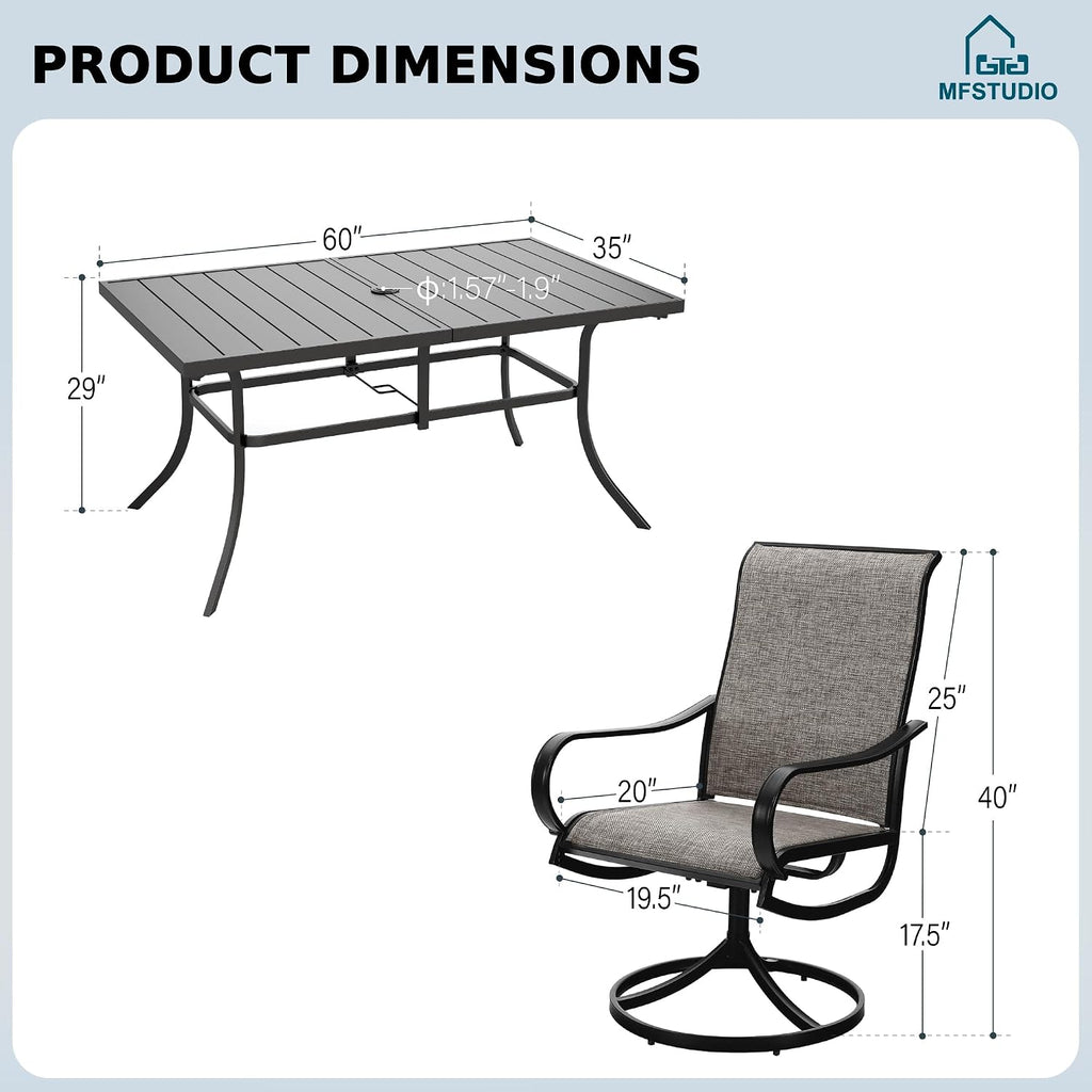 MFSTUDIO Patio Table and Chairs Set, Patio Dining Sets for Deck/Backyard/Poolside/Garden, Outdoor Dining Set for 6 with Umbrella Hole, Metal Frame