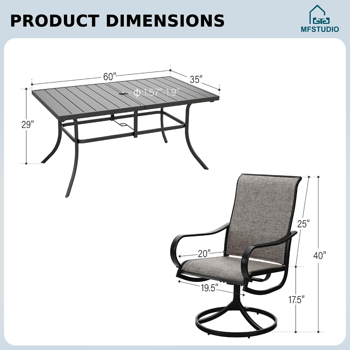 MFSTUDIO Patio Table and Chairs Set, Patio Dining Sets for Deck/Backyard/Poolside/Garden, Outdoor Dining Set for 6 with Umbrella Hole, Metal Frame