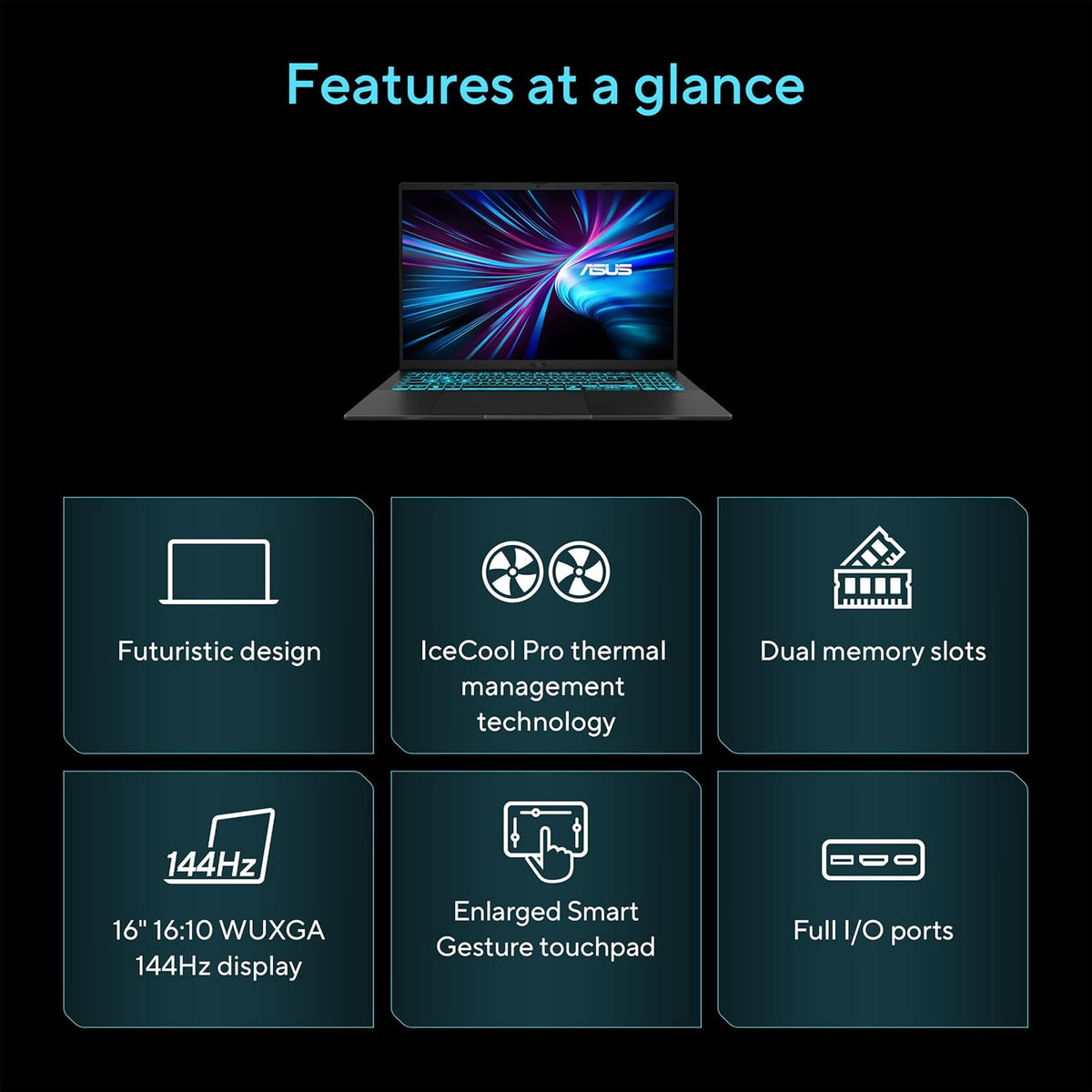 ASUS V16 Gaming Laptop, 16' WUXGA 144Hz Display, Intel Core 7 Processor 240H, NVIDIA GeForce RTX 5060, 16GB Memory, 512GB Storage, Windows 11, Matte Black, V3607VM-ES74