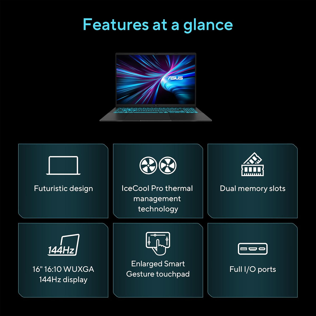 ASUS V16 Gaming Laptop, 16' WUXGA 144Hz Display, Intel Core 7 Processor 240H, NVIDIA GeForce RTX 3050, 16GB Memory, 512GB Storage, Windows 11, Matte Black, V3607VJ-DS76