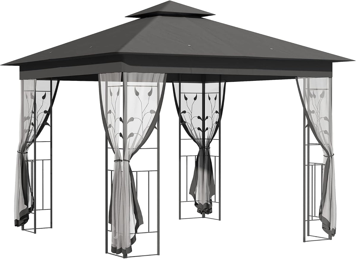 Outsunny 10' x 10' Metal Patio Gazebo, Double Roof Outdoor Gazebo Canopy Shelter with Tree Motifs Corner Frame and Netting, for Garden, Lawn, Backyard, and Deck, Gray