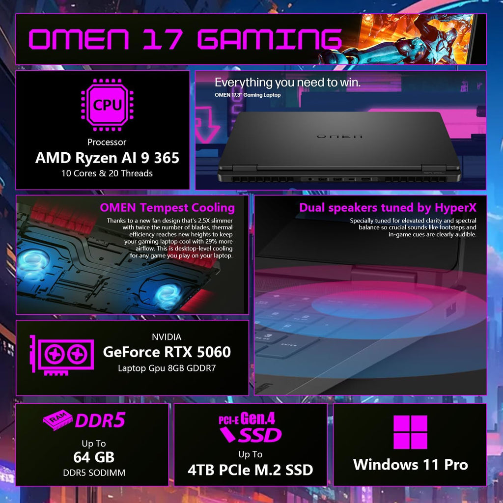 HP OMEN 17.3' RTX 5060 AI Pro FHD IPS 144Hz Gaming Laptop, AMD Ryzen AI 9 365(Beats Intel i9), 64GB DDR5 RAM, 1TB SSD, RGB Backlit KB, Low Blue Light, Bundle with Thunderobot 7 in-1 USB-C Hub