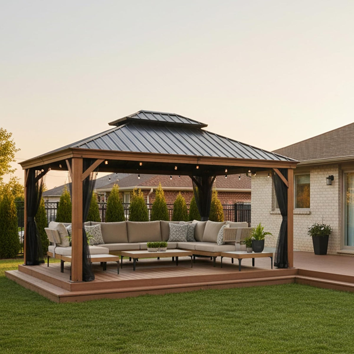 PURPLE LEAF 14' X 16' Outdoor Hardtop Gazebo for Patio Galvanized Steel Double Roof Permanent Canopy Teak Finish Coated Aluminum Frame Pavilion Gazebo with Netting