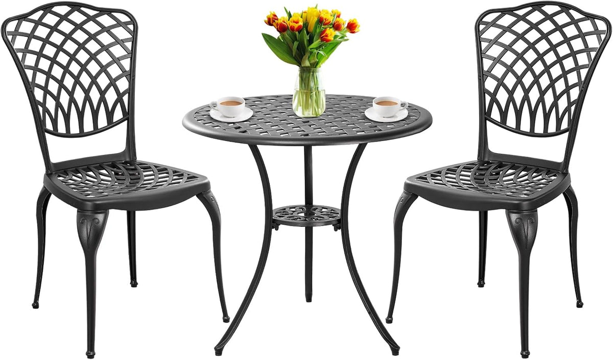 3 Piece Bistro Table Set Anti-Rust Outdoor Bistro Set Cast Alumiunm Patio Table and Chairs Set for 2, Patio Bistro Set Furniture Black