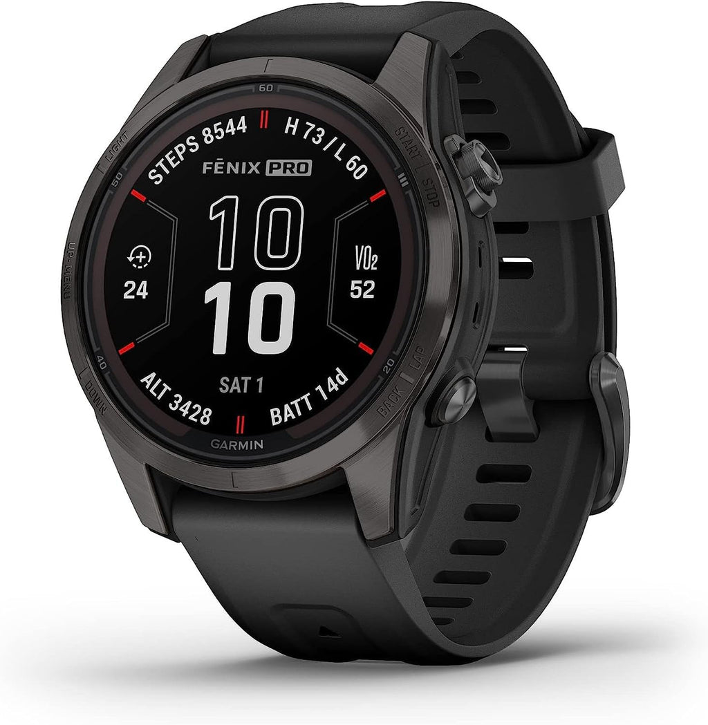 Garmin Fenix 7S Pro Solar, Sapphire, Carbon Gray DLC Titanium, Black Bundle with 2 Year Enhanced Protection Pack