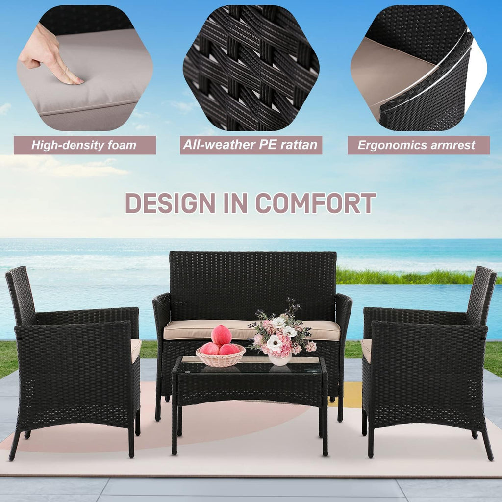 Patio Furniture Set Conversation Chairs, 4 Pieces Wicker Patio Set Outdoor Patio Seating Rattan Patio Sofa with Table for Balcony Backyard Front Porch Decor, Conversation Set with Cushion Seat, Black