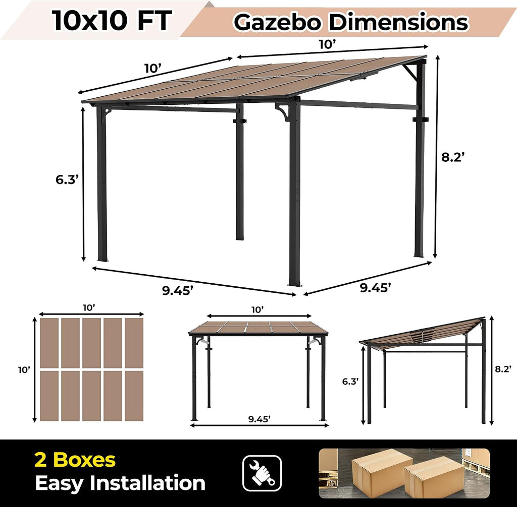 GarveeHome 10' x 10' Lean to Gazebo, Hard Top Outdoor Pergola with Roof, Gazebos Pergola on Clearance, Large Wall Mounted Heavy Duty Awnings for Patio, Backyard, Deck, Porch