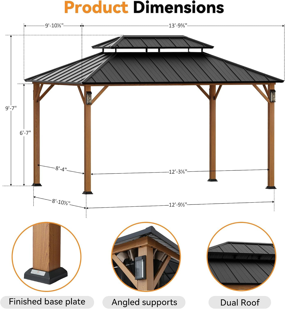 Modern Shade The Horizon Hard Top Gazebo 10' x 14' with 4 LED Lights, Permanent Hardtop Gazebo with Galvanized Steel Double Roof, Metal Gazebo with Decor Hooks, Mosquito Nettings for Patio, Wood Grain