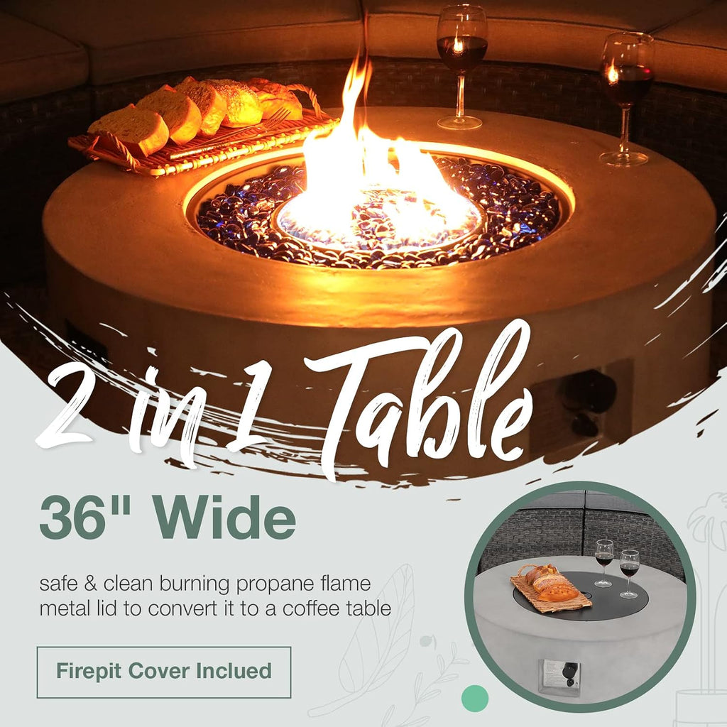 SUNSITT 12 Piece Patio Furniture Set with Propane Fire Pit Half-Moon Patio Set Outdoor Round Sectional Sofa with 36' Grey Gas Fire Table & Tank Holder, Grey Rattan