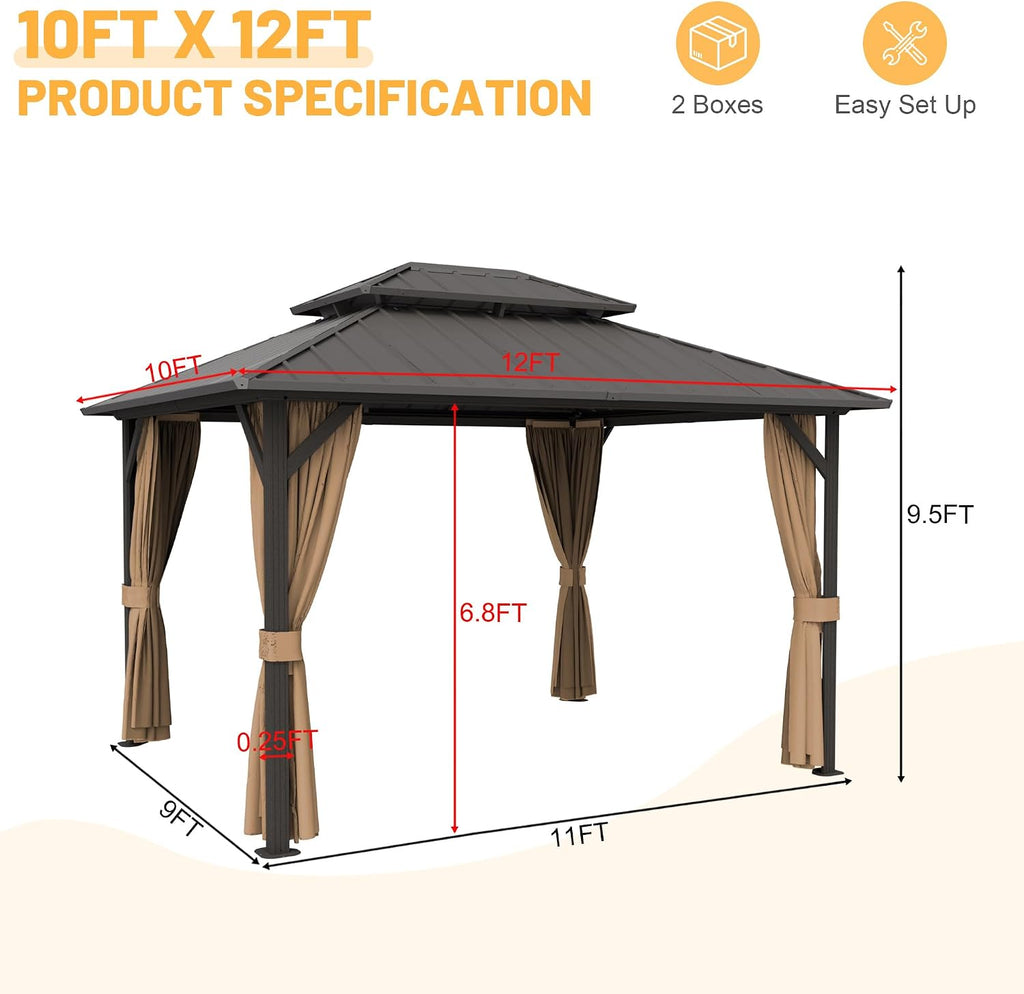 10x12 ft Hardtop Gazebo Outdoor Aluminum Patio Gazebo Double Roof Galvanized Steel Canopy with Netting and Curtains for Garden, Backyard, Deck and Lawns.
