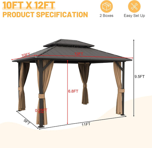 10x12 ft Hardtop Gazebo Outdoor Aluminum Patio Gazebo Double Roof Galvanized Steel Canopy with Netting and Curtains for Garden, Backyard, Deck and Lawns.