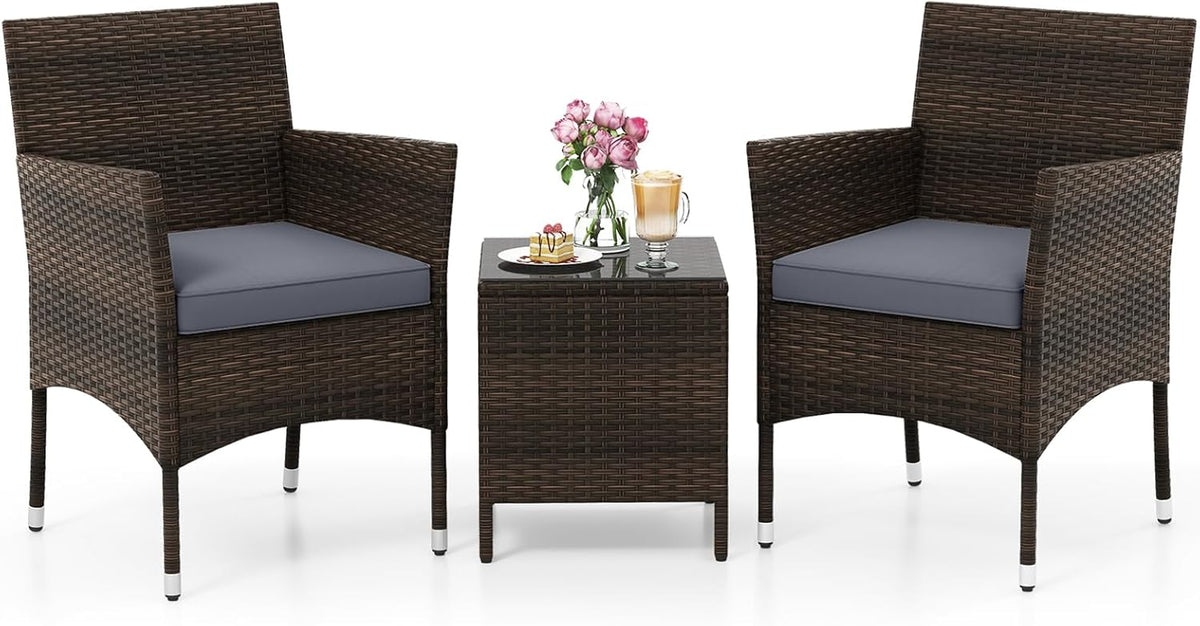 KOTEK 3 Piece Patio Furniture Set, Outdoor Wicker Patio Chairs with Soft Cushions & Tempered Glass Top Table, PE Rattan Bistro Set for Porch, Garden, Balcony (Grey)