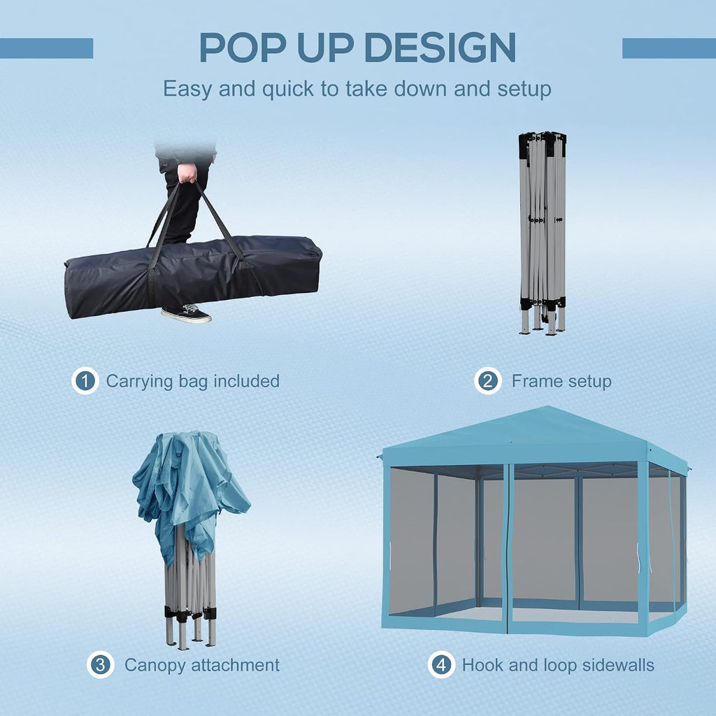 Outsunny 10' x 10' Pop Up Canopy Tent with Netting, Instant Gazebo, Screen House Room with Carry Bag, Height Adjustable, for Outdoor, Garden, Patio, Camping, Light Blue