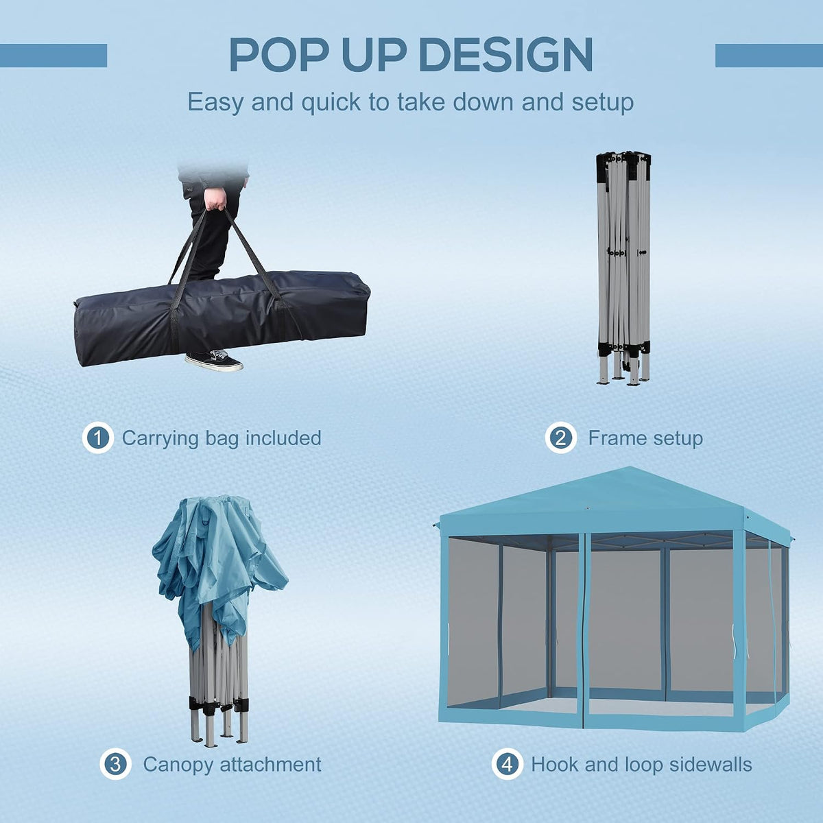 Outsunny 10' x 10' Pop Up Canopy Tent with Netting, Instant Gazebo, Screen House Room with Carry Bag, Height Adjustable, for Outdoor, Garden, Patio, Camping, Light Blue