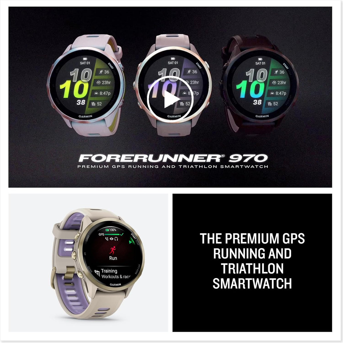 Garmin® Forerunner® 970, Premium GPS Running and Triathlon Smartwatch, AMOLED Display, Built-in LED Flashlight, Soft Gold Titanium with French Gray Case and French Gray/Translucent Indigo Band