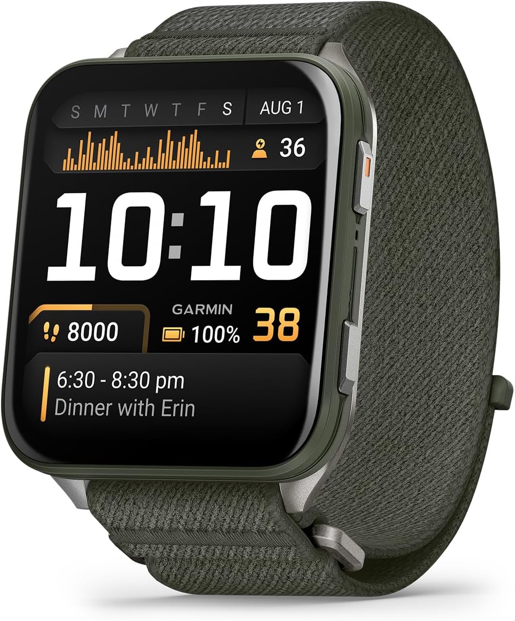 Garmin Venu X1 Thin and Lightweight GPS Smartwatch, 2' AMOLED Display, Sapphire Lens, LED Flashlight, Built-in Maps, 100+ Sports Apps, Fitness and Wellness Tracking, Moss with Titanium Caseback