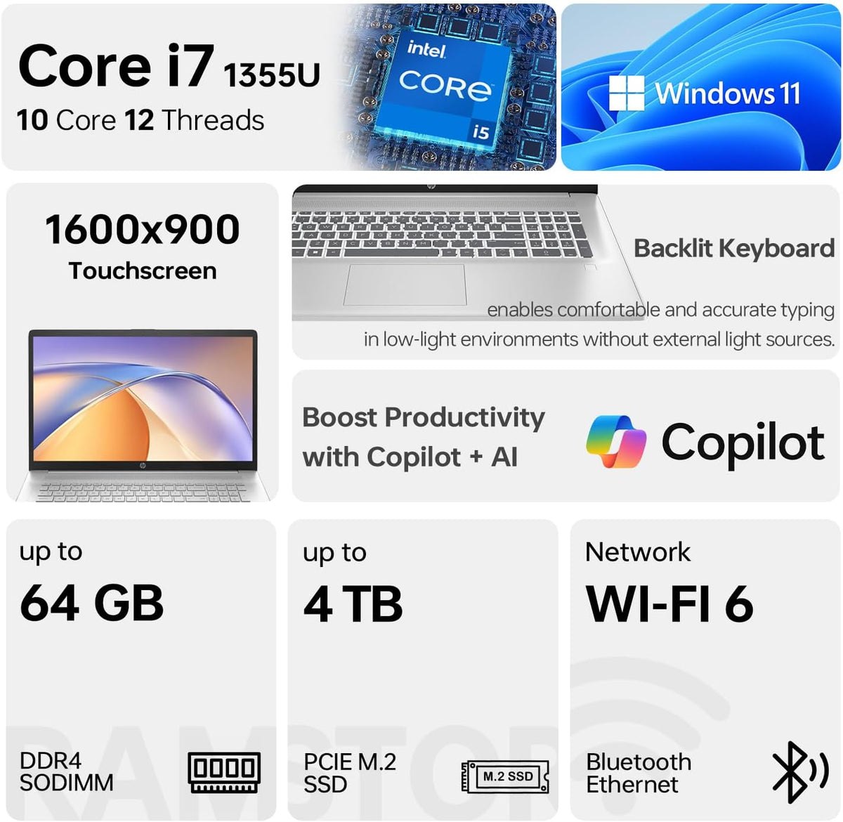 HP 17 Laptop, 17.3'' HD+ Touchscreen Display, 12th Gen Intel Core i7-1255U, 64GB RAM, 2TB SSD, Webcam, HDMI, SuperSpeed USB Ports, Wi-Fi 6, Windows 11 Home, Silver, TPN-I139_4V788AV