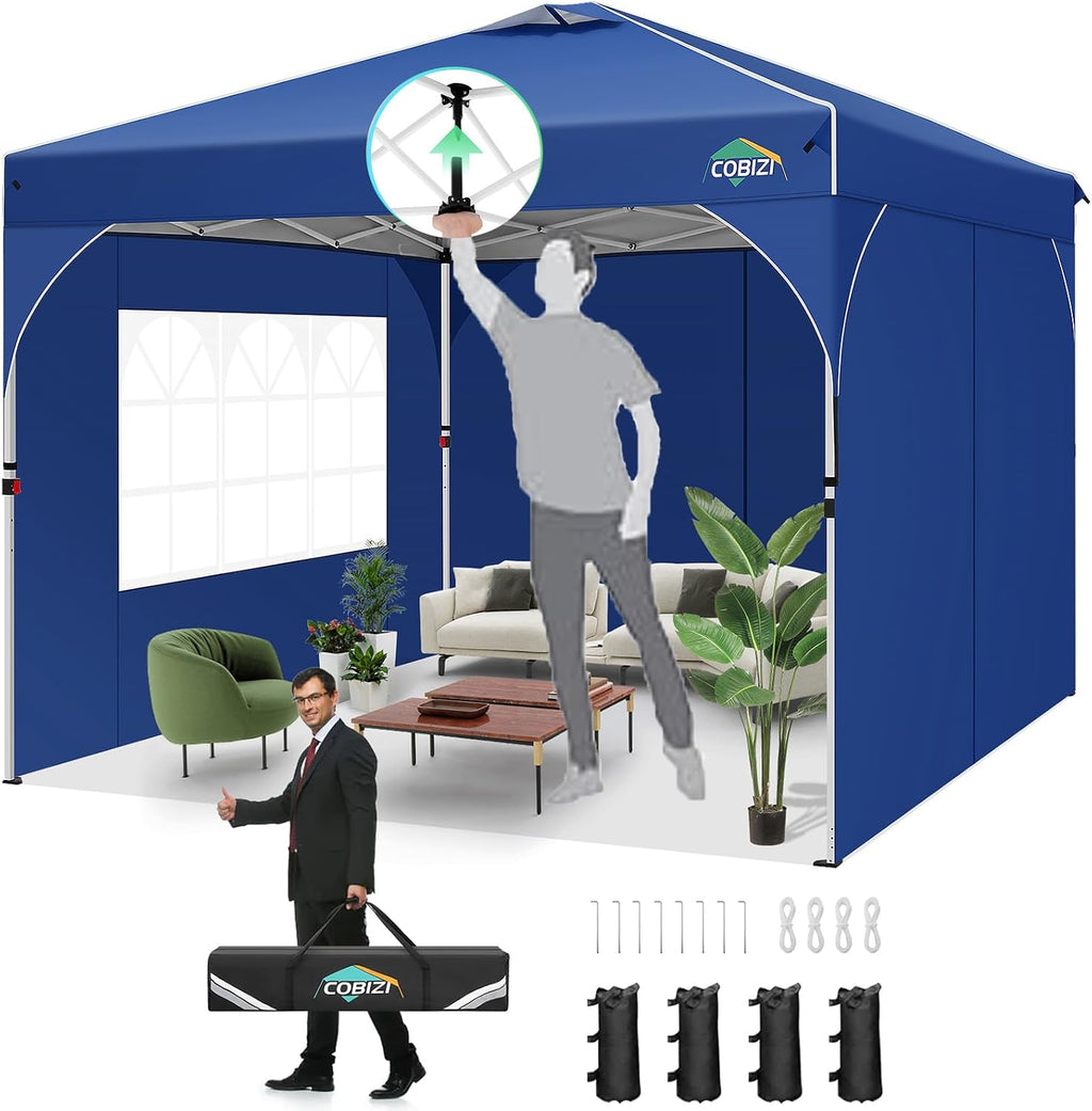 COBIZI 10x10 Pop up Canopy, Canopy Tent 10x10 with 3 Sidewalls, 1 Person Easy Set up，Tents for Parties, Outdoor Tent with Fluorescent Strip & 4 Sandbags, Waterproof, 3 Adjustable Height（Dark Blue）