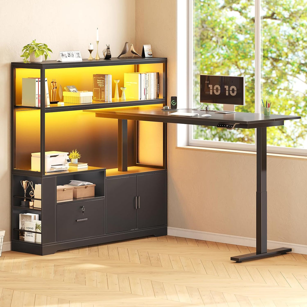 SEDETA 56.7' L Shaped Standing Desk, Reversible Computer Office Desk with Drawers & Hutch, Stand Up Corner Gaming Desks with LED Lights & Power Outlets for Home Office, Black