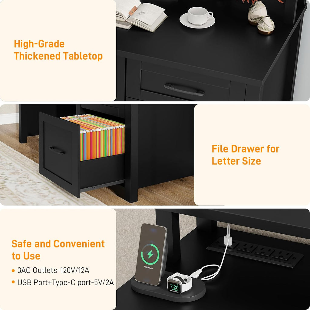 Vabches 47' Farmhouse Executive Desk with Monitor Stand & File Cabinet,3 Drawers Computer Desk with LED Lights and Power Outlets,Workstation for Home Office, Study,Writing.Pure Black