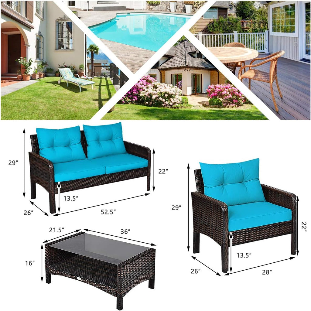 HAPPYGRILL 4-Piece Patio Furniture Set Outdoor Rattan Wicker Conversation Set with Coffee Table, Sectional Sofa Bistro Set with Cushions for Garden Poolside Backyard