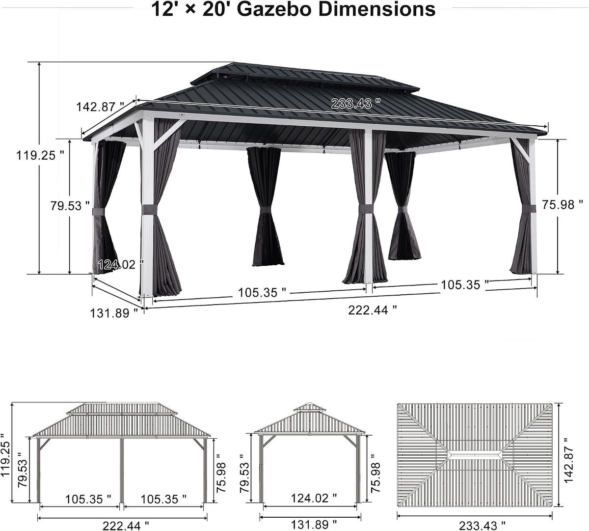 PURPLE LEAF 12' X 20' Hardtop Gazebo Metal Double Roof White Aluminum Frame Outdoor Heavy Duty Gazebo with Curtain and Netting for Patio Garden and Backyard, Grey