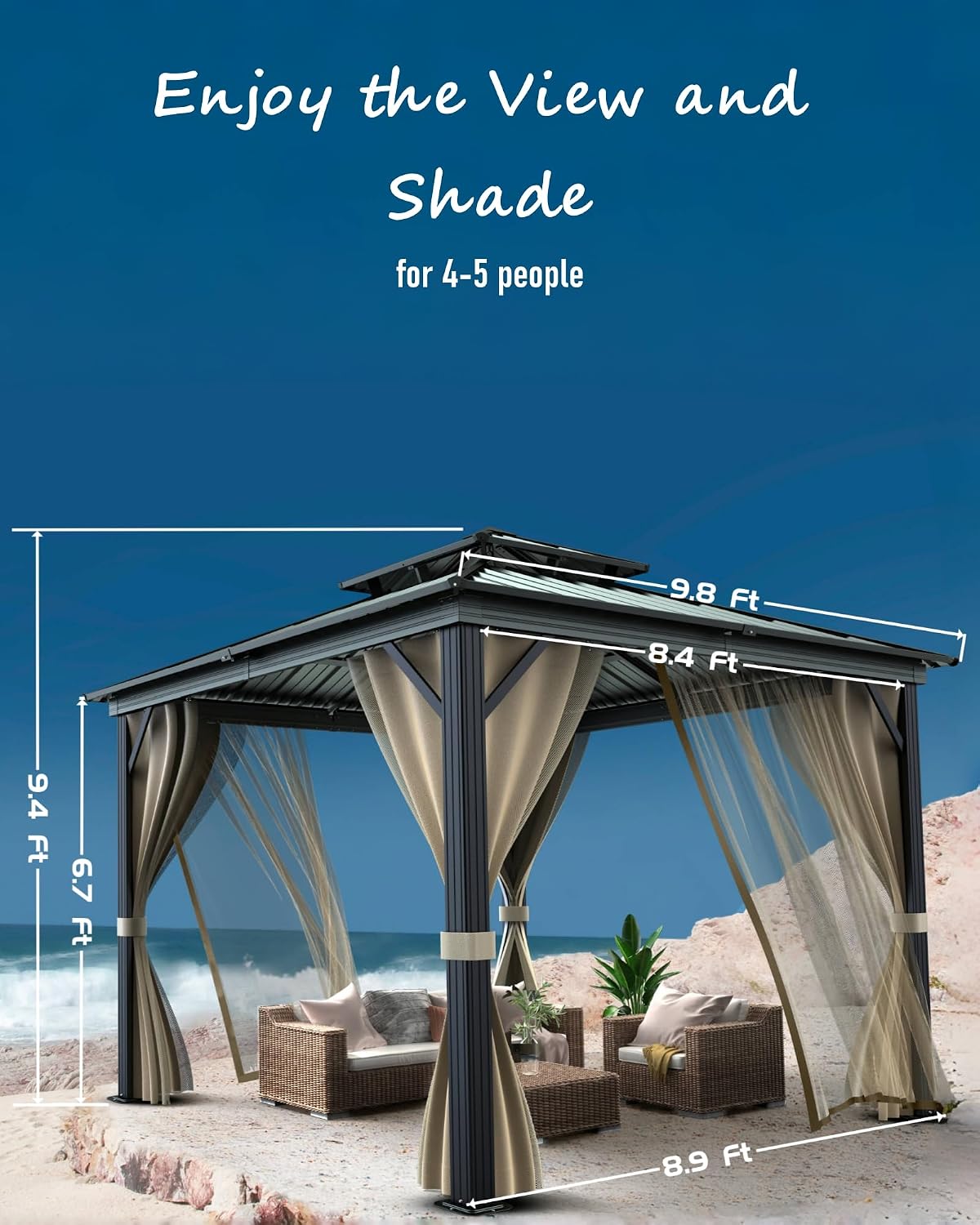 KYBOLT 10x10 Ft Hardtop Gazebos with Heavy Duty Double Roof, Nettings and Curtains Galvanized Steel Outdoor Gazebos for Patio, Backyard, Deck, Lawn (Brown)