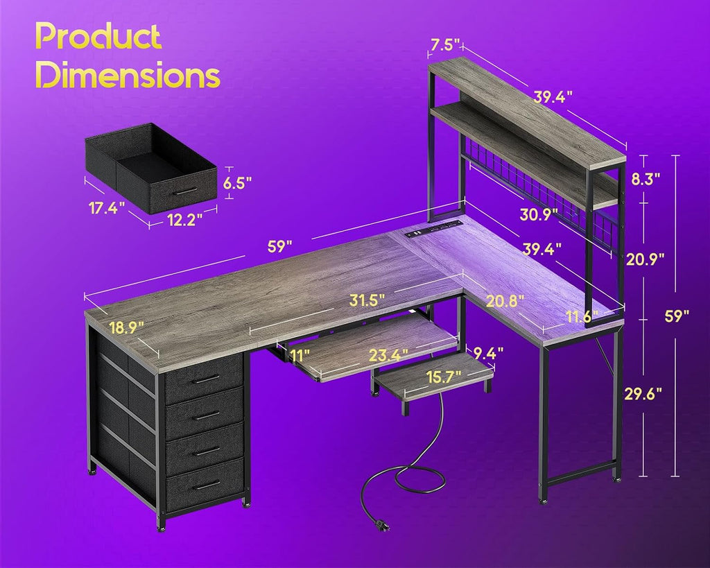 AODK 59 Inch L Shaped Desk with 4 Drawers, Gaming Desk with Led Lights & Power Outlets, Computer Desk with Pegboard & Keyboard Tray, Reverisble Home Office Desk with Storage Shelves & CPU Stand, Grey
