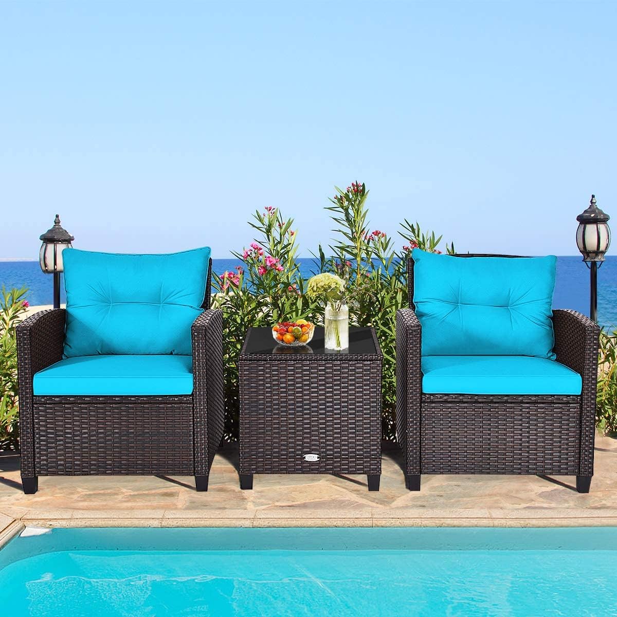 HAPPYGRILL 3 Pieces Patio Conversation Set, Outdoor Furniture Set PE Rattan Sofa Set with Removable Cushions, PE Wicker Chairs with Tempered Glass Side Table for Porch Lawn Garden Balcony Backyard