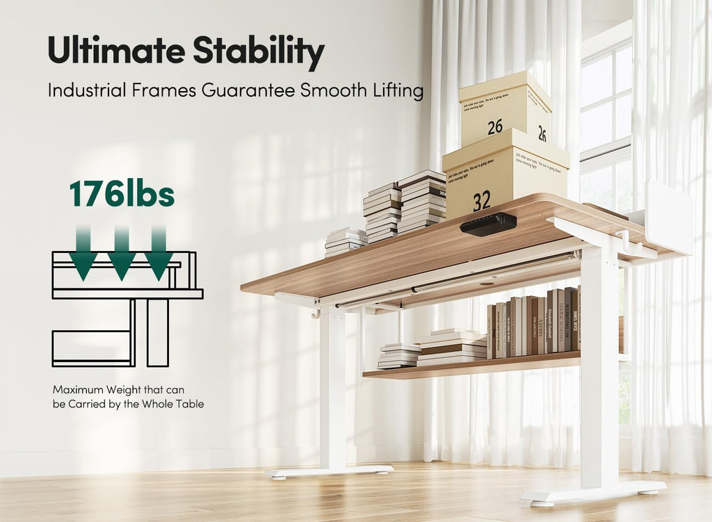 FEZIBO 55' Electric Standing Desk with Shelves, 55x24 Inches Sit Stand Rising Computer Desk with Monitor Shelf, Home Office Desks with Hook, Adjustable Height Stand Up Workstation Table, Light Walnut