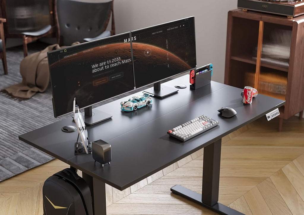 Seang Electric Standing Desk Adjustable Height, 55 x 24 Inch Sit Stand Desk with T-Shaped Frame, 3 Memory Presets & Cable Management for Home Office Computer Workstation, Black Frame/Black Top