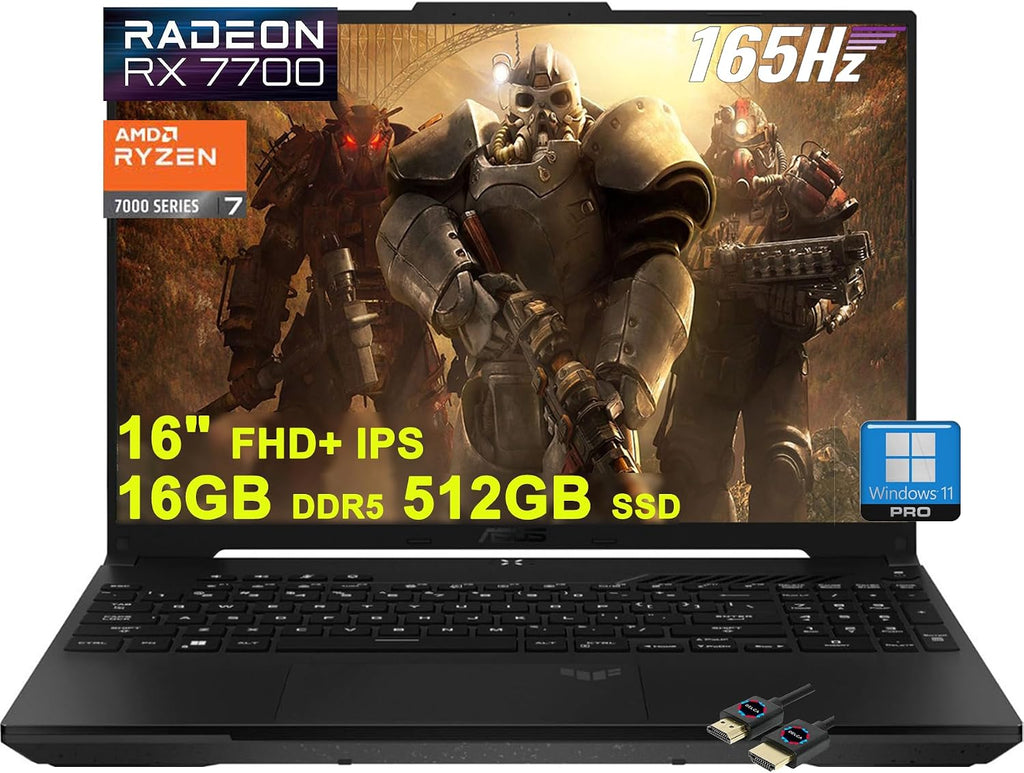 ASUS TUF Gaming A16 Laptop | 16'' FHD+ 165Hz 100% sRGB | AMD 8-core Ryzen 7 7735HS | 16GB DDR5 512GB SSD | Radeon RX7700S 8GB Graphic (>RTX4060) | Backlit USB-C USB4 Win11Pro + HDMI Cable, Black