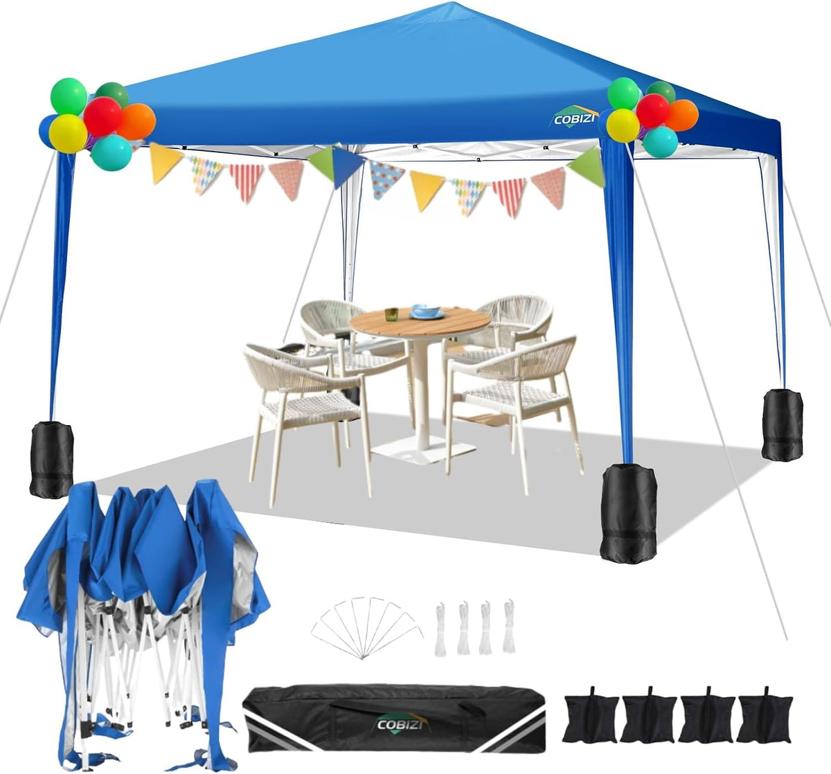 COBIZI 10x10 Pop Up Canopy Tent with 4 Sandbags, Easy Set Up Gazebo, Instant Outdoor Sun Shade &Waterproof Canopy with 8 Stakes,4 Ropes&Carry Bag, Tents for Parties, Beach, Backyard,Camping(Blue
