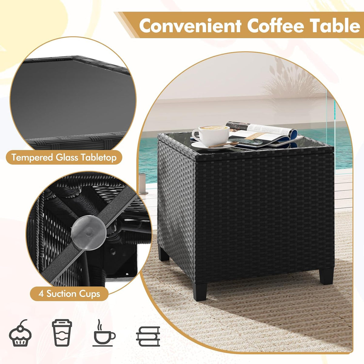 HAPPYGRILL 3 Pieces Wicker Patio Conversation Set, PE Rattan Bistro Sofa Set with Tempered Glass Coffee Table, Washable Cushions, Outdoor Furniture Set for Garden Poolside Balcony (Off White)