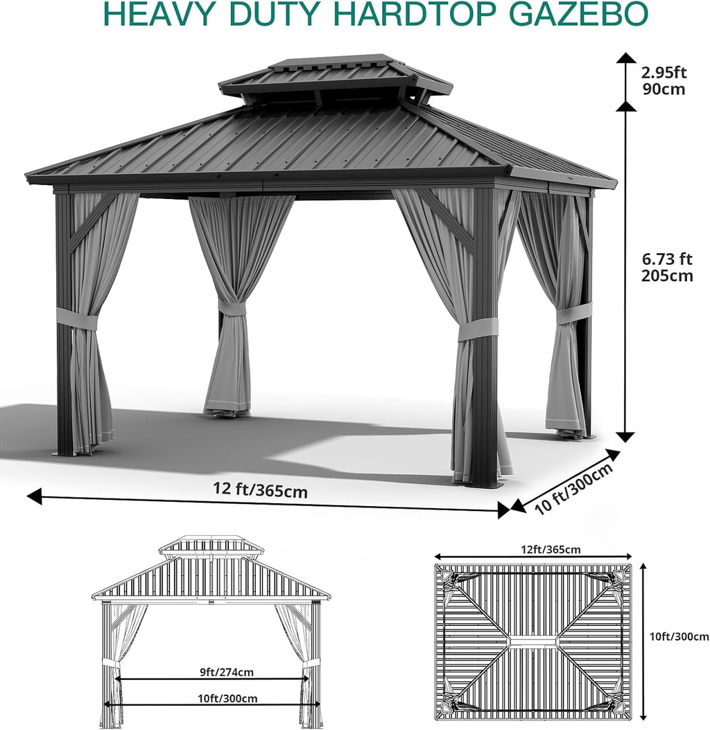 GarveeLife 10x12 ft Double Roof Hardtop Gazebo, Heavy Duty Galvanised Steel Hardtop Pavilion with Nettings and Curtains, Aluminum Gazebo for Patio, Terrace, Lawn and Deck, Grey