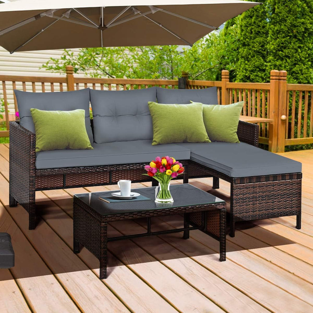DORTALA Wicker Patio Furniture Set Couch 3 Piece, L-Shaped PE Rattan Outdoor Sectional Sofa Conversation Set with Loveseat, Lounge and Tempered Glass Coffee Table for Garden Lawn Deck, Grey
