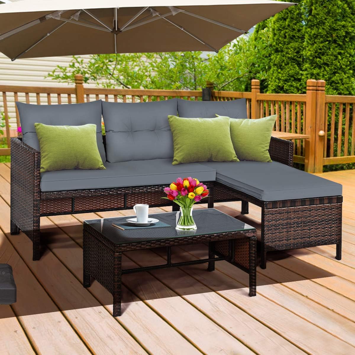 DORTALA Wicker Patio Furniture Set Couch 3 Piece, L-Shaped PE Rattan Outdoor Sectional Sofa Conversation Set with Loveseat, Lounge and Tempered Glass Coffee Table for Garden Lawn Deck, Grey