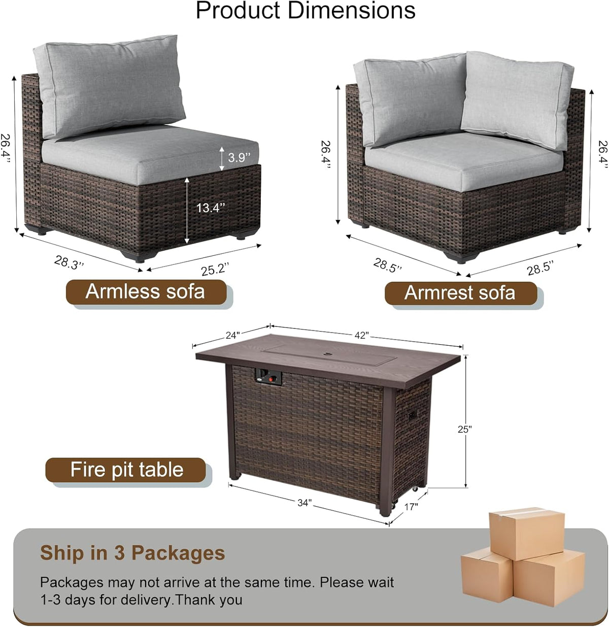 7-Pieces Patio Furniture Sets Outdoor Sectional Sofa with 44'' Propane Rattan Wicker Firepit Table, Patio Sectional Conversation Set with Cushions for Backyard, Poolside, Garden Grey