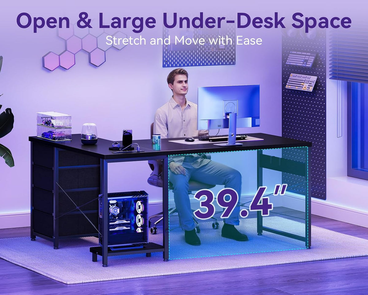 AODK L Shaped Gaming Desk with 4 Drawers, 53' Reversible Home Office Desks with Power Outlets, L Shaped Computer Desk with USB Charging Port and Host Stand, Corner Desk, Easy to Assemble, Black