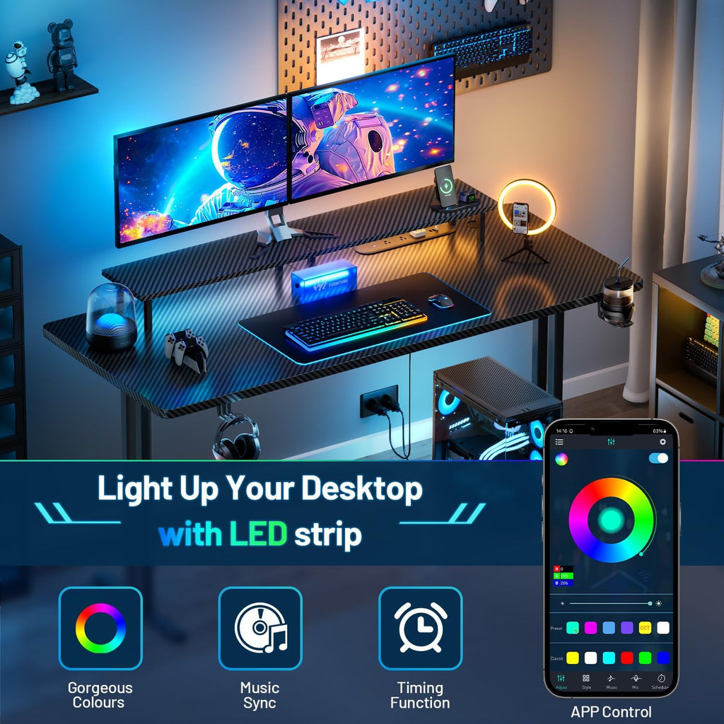 HLDIRECT 63 Inch Gaming Desk with 5 Sockets & LED Lights, Computer Gamer Desk with Monitor Stand, Ergonomic Carbon Fiber Gaming Table Home Office Desk with Cup Holder, Headphone Hook & Mouse Pad