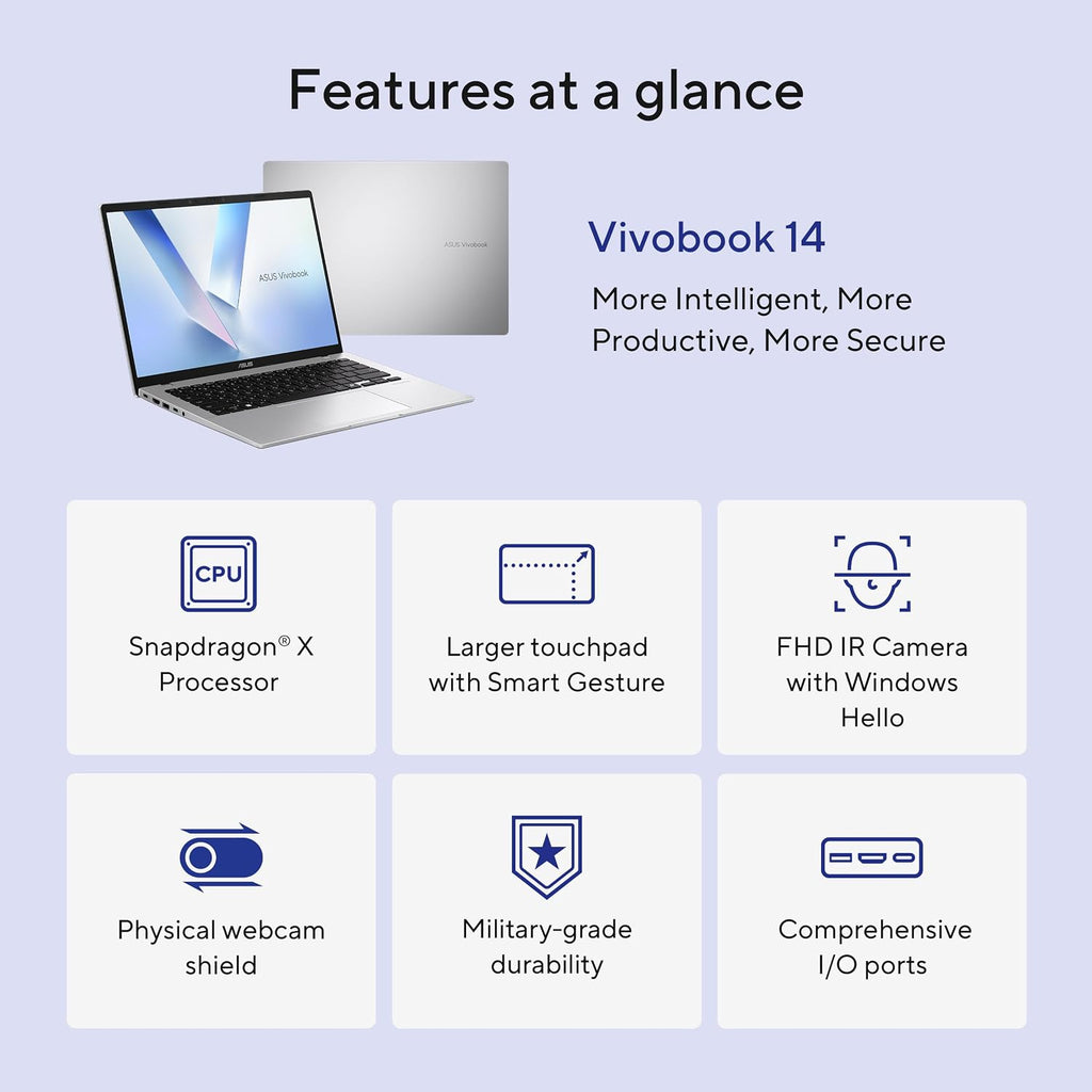ASUS Vivobook 14 Laptop, 14' WUXGA 60Hz Display, Qualcomm Snapdragon X, Qualcomm Adreno GPU, 16GB RAM, 512GB SSD, Windows 11, Cool Silver, X1407QA-BS56
