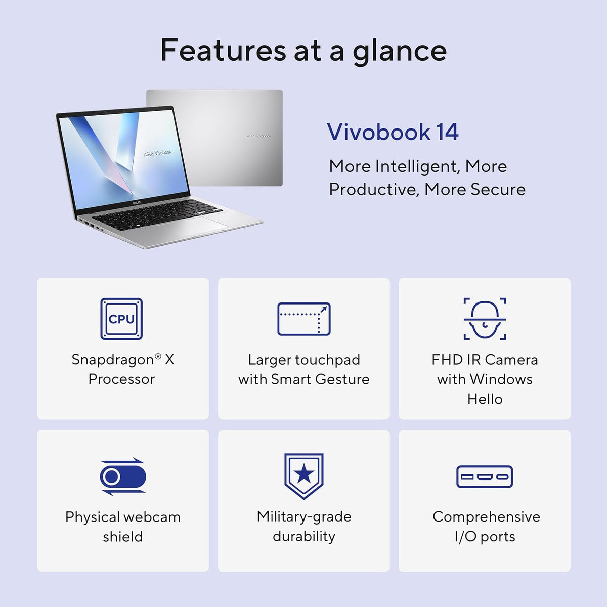 ASUS Vivobook 14 Laptop, 14' WUXGA 60Hz Display, Qualcomm Snapdragon X, Qualcomm Adreno GPU, 16GB RAM, 512GB SSD, Windows 11, Cool Silver, X1407QA-BS56
