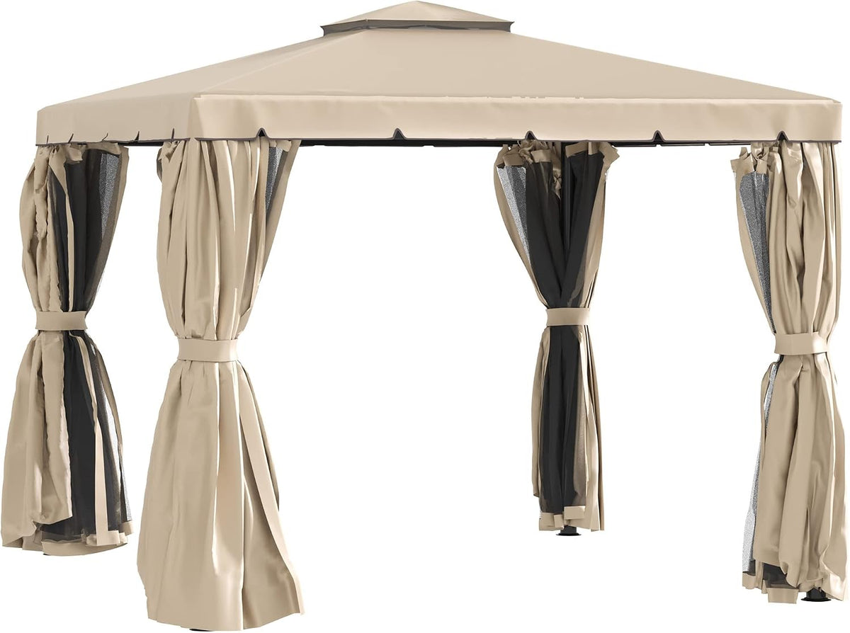 Outsunny 10' x 10' Patio Gazebo, Aluminum Frame Double Roof Outdoor Gazebo Canopy Shelter with Netting & Curtains, for Garden, Lawn, Backyard and Deck, Khaki