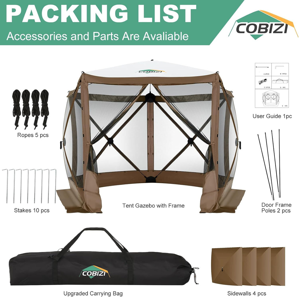 COBIZI 10x10 FT Pop up Gazebo, Popup Canopy Tent,Screened in Gazebos with sidewalls,Waterproof Portable Outdoor Small Screen Tents Sun Shelter,carpas para Patio for Camping,Garden,Backyard,Brown