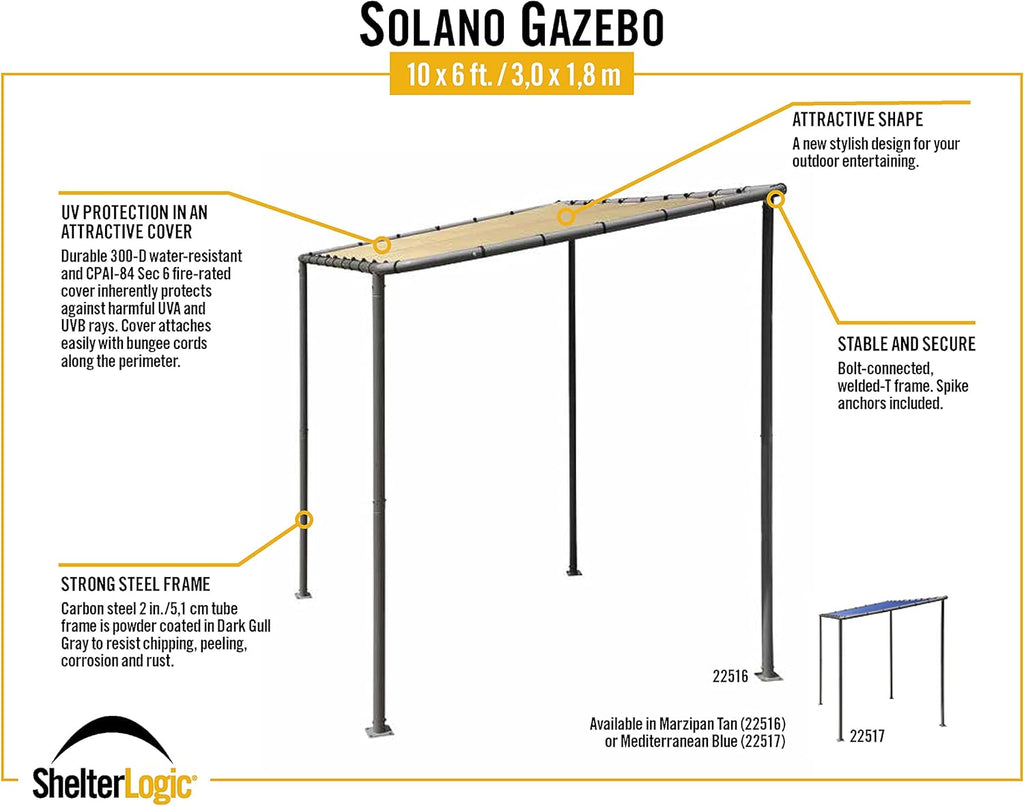 ShelterLogic 10' x 6' Solano Gazebo Canopy Charcoal Carbon Steel Frame and Water-Resistant and Sun Protection Tan Cover