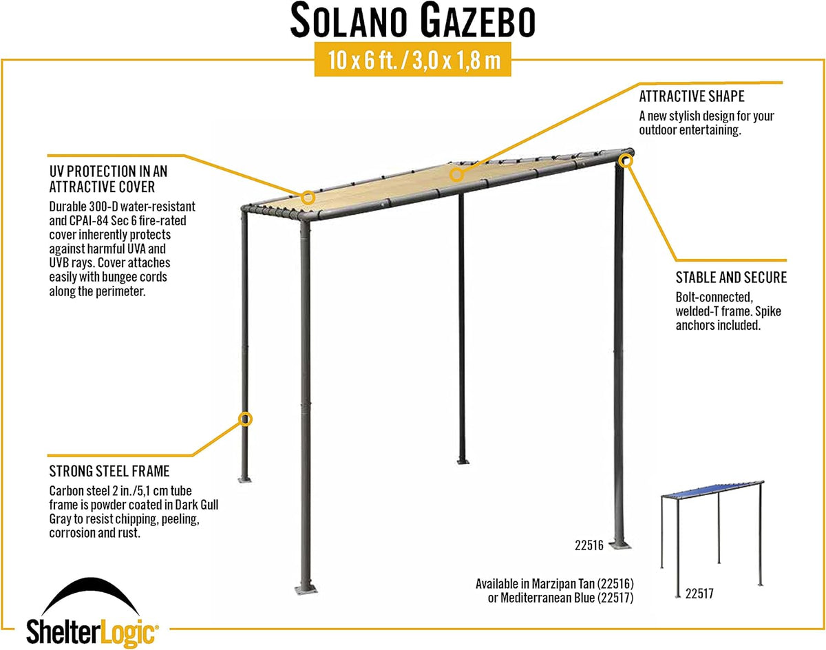 ShelterLogic 10' x 6' Solano Gazebo Canopy Charcoal Carbon Steel Frame and Water-Resistant and Sun Protection Tan Cover